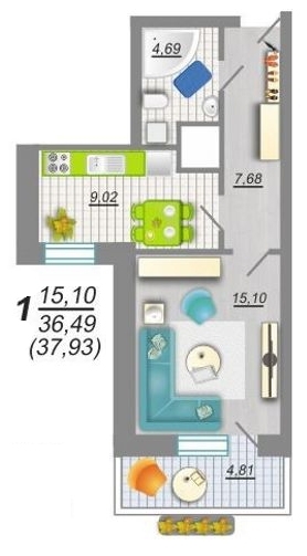 1-комнатная квартира, 38 кв.м.