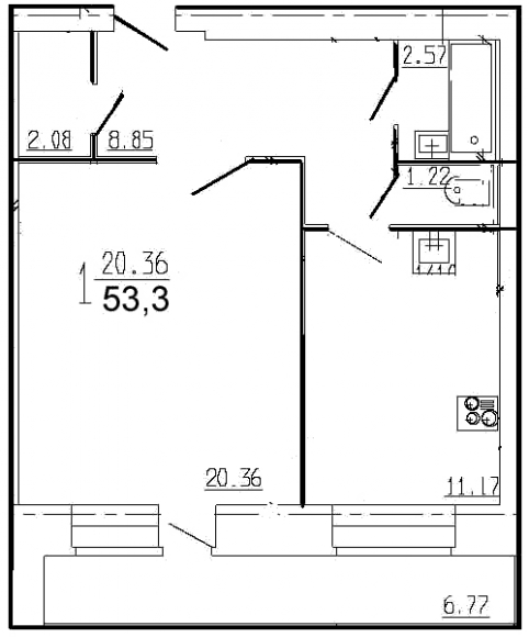 1-комнатная квартира, 53 кв.м.