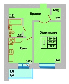 1-комнатная квартира, 50 кв.м.