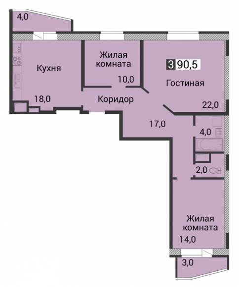 3-комнатная квартира, 90 кв.м.