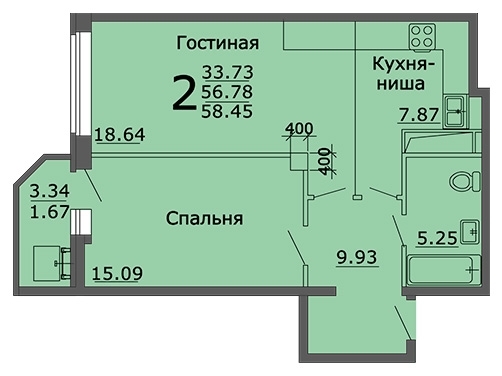 2-комнатная квартира, 59 кв.м.