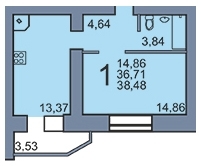 1-комнатная квартира, 39 кв.м.