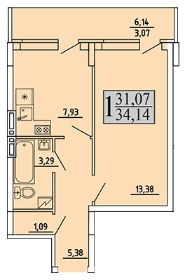 1-комнатная квартира, 34 кв.м.