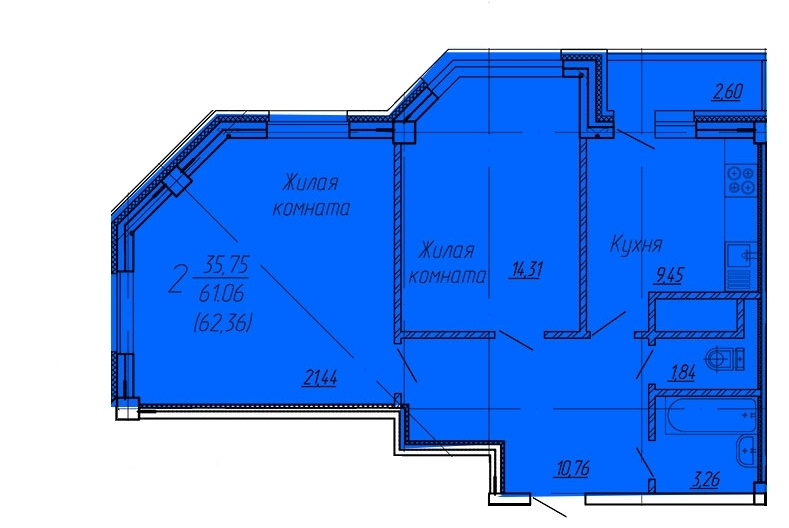 2-комнатная квартира, 63 кв.м.