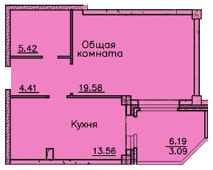 1-комнатная квартира, 46 кв.м.