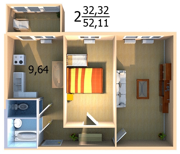 2-комнатная квартира, 52 кв.м.