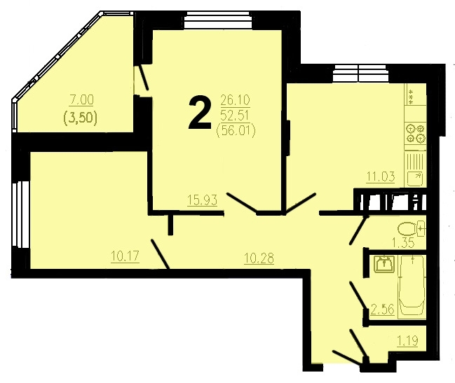 2-комнатная квартира, 56 кв.м.