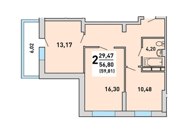 2-комнатная квартира, 60 кв.м.