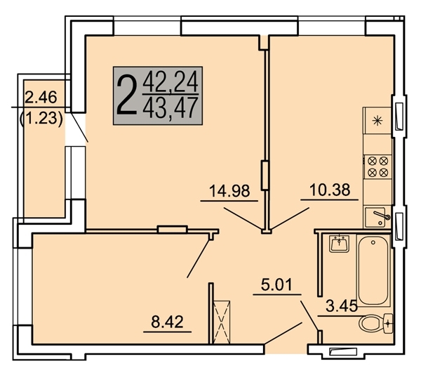 2-комнатная квартира, 44 кв.м.