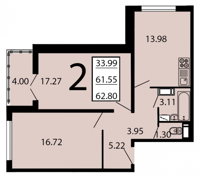 2-комнатная квартира, 63 кв.м.