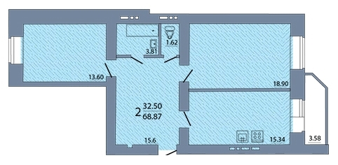 2-комнатная квартира, 69 кв.м.