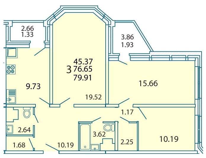 3-комнатная квартира, 80 кв.м.