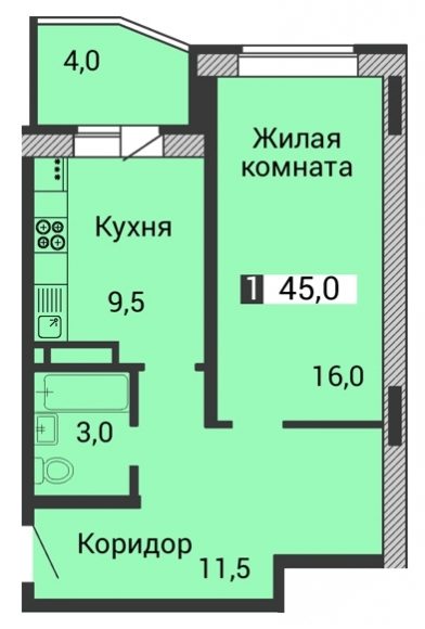 1-комнатная квартира, 45 кв.м.