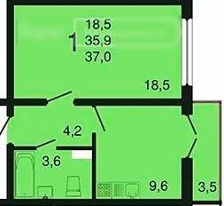 1-комнатная квартира, 37 кв.м.