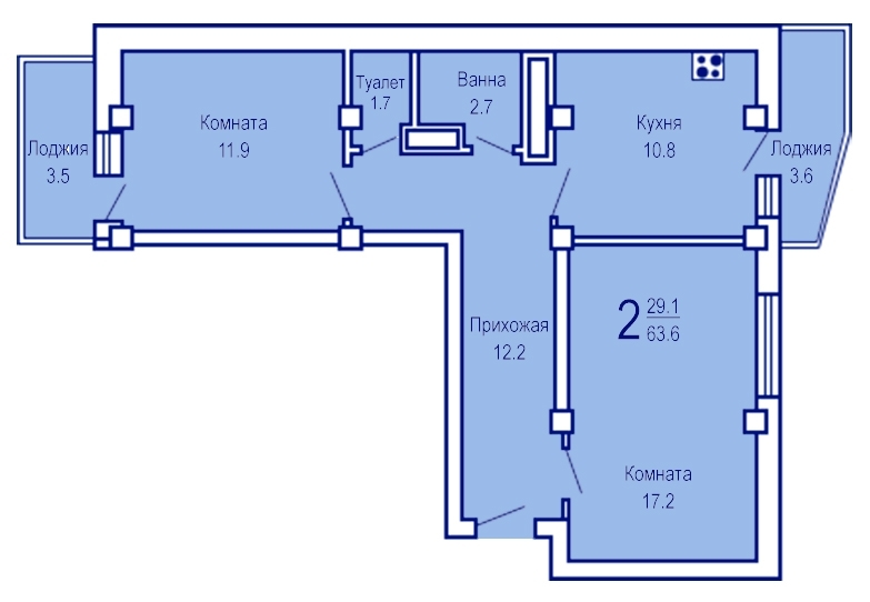 2-комнатная квартира, 64 кв.м.