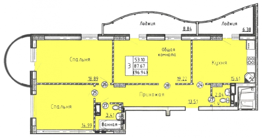 3-комнатная квартира, 97 кв.м.