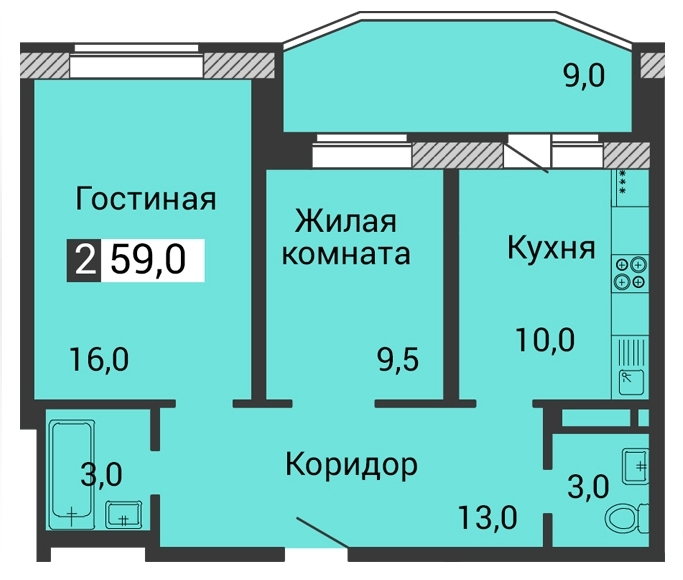 2-комнатная квартира, 59 кв.м.