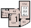 1-комнатная квартира, 42 кв.м.