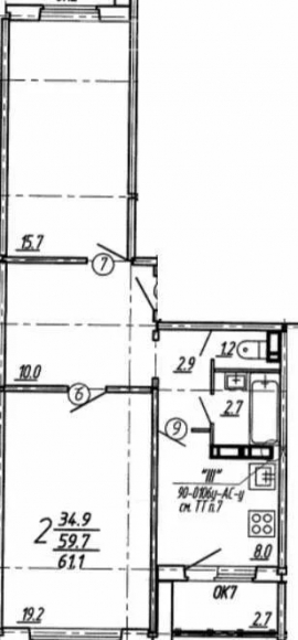 2-комнатная квартира, 61 кв.м.