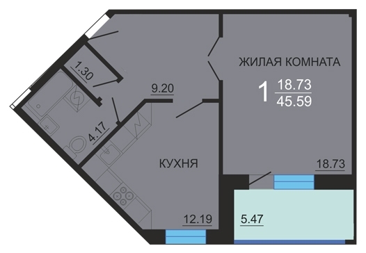 1-комнатная квартира, 48 кв.м.