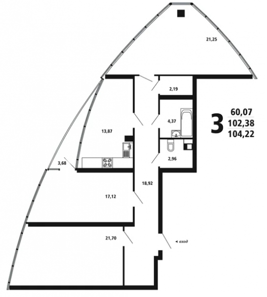 3-комнатная квартира, 104 кв.м.