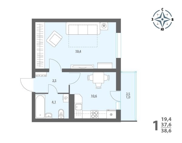 1-комнатная квартира, 38 кв.м.