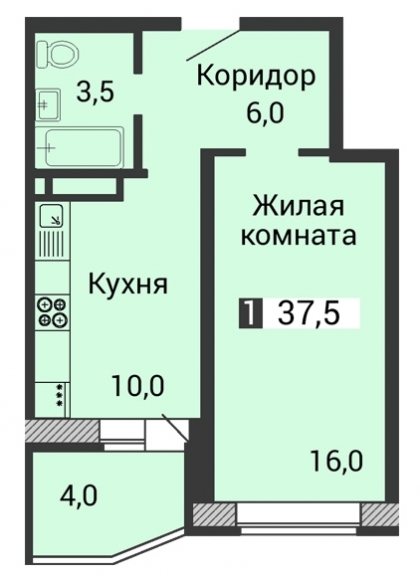 1-комнатная квартира, 37 кв.м.