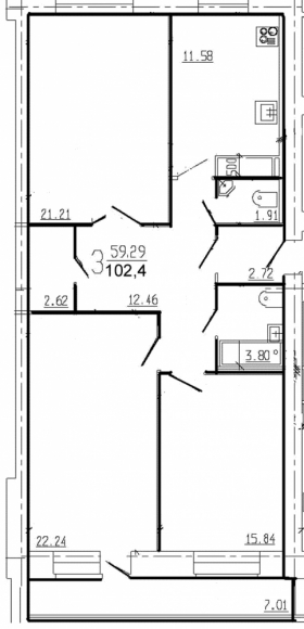3-комнатная квартира, 102 кв.м.