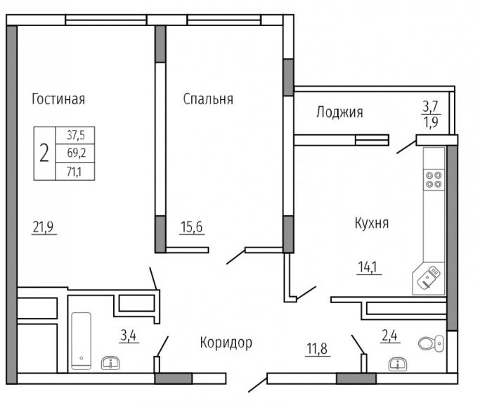 2-комнатная квартира, 71 кв.м.