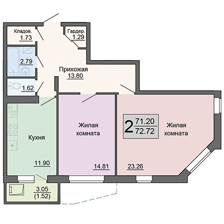 2-комнатная квартира, 72 кв.м.