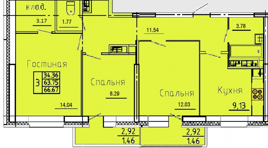 3-комнатная квартира, 67 кв.м.