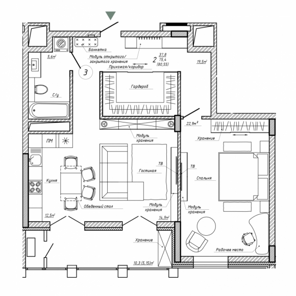 2-комнатная квартира, 81 кв.м.