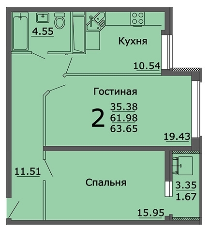 2-комнатная квартира, 64 кв.м.