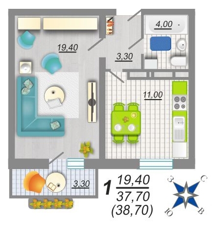 1-комнатная квартира, 39 кв.м.