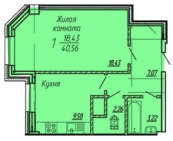 1-комнатная квартира, 40 кв.м.