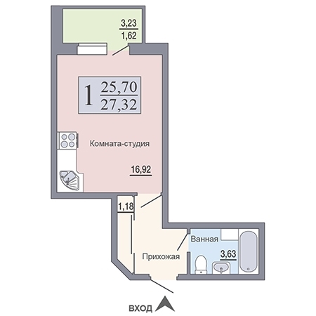 Квартира-студия, 27 кв.м.
