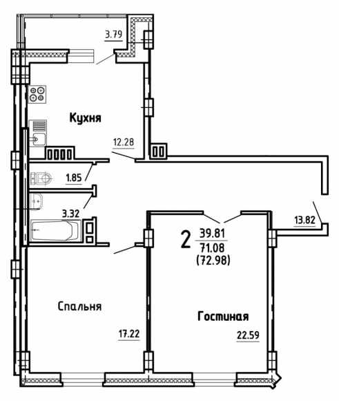 2-комнатная квартира, 73 кв.м.