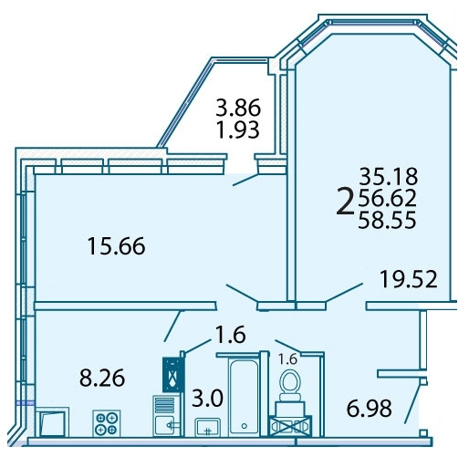 2-комнатная квартира, 59 кв.м.