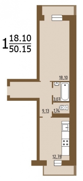 1-комнатная квартира, 50 кв.м.