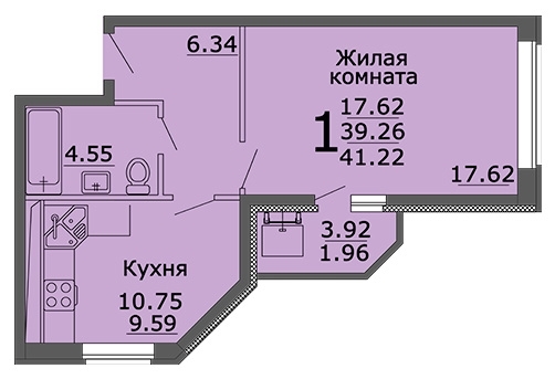 1-комнатная квартира, 41 кв.м.