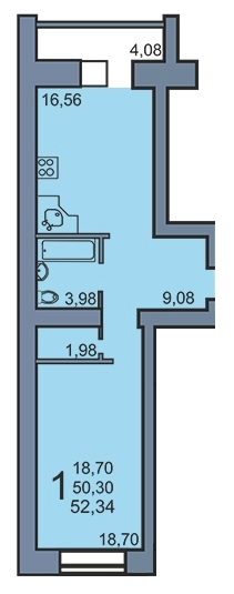 1-комнатная квартира, 52 кв.м.