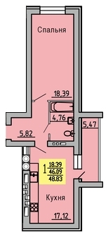 1-комнатная квартира, 49 кв.м.