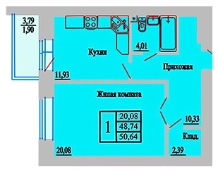 1-комнатная квартира, 51 кв.м.