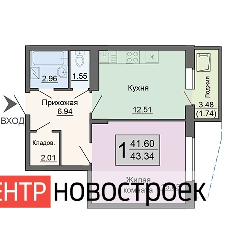 1-комнатная квартира, 43 кв.м.