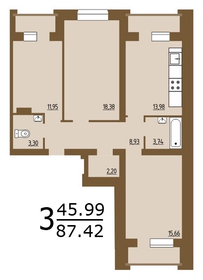 3-комнатная квартира, 87 кв.м.