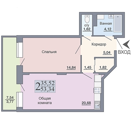 2-комнатная квартира, 53 кв.м.