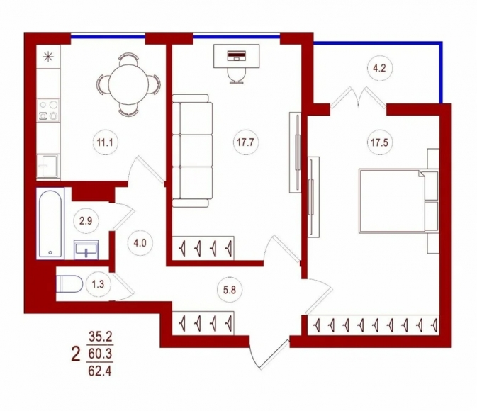 2-комнатная квартира, 62 кв.м.