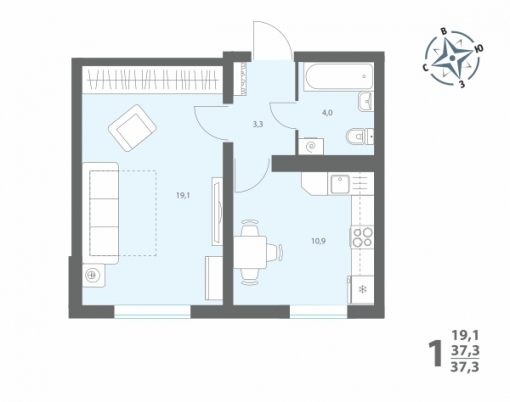 1-комнатная квартира, 37 кв.м.