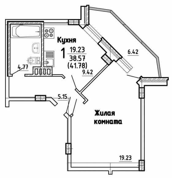 1-комнатная квартира, 42 кв.м.