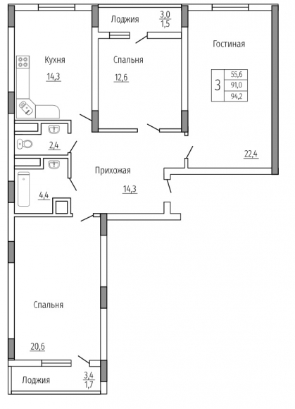 3-комнатная квартира, 94 кв.м.